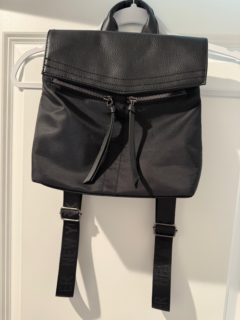 Black Womens Nylon Backpack with Leather Trim